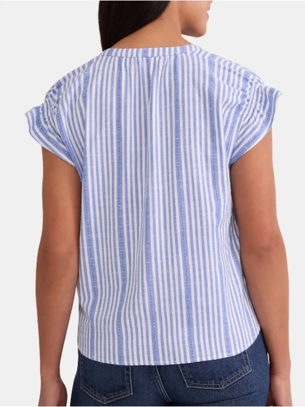 Time and Tru Size S (4-6) blue- white striped top w/split-neck and short sleeves - Picture 3 of 7